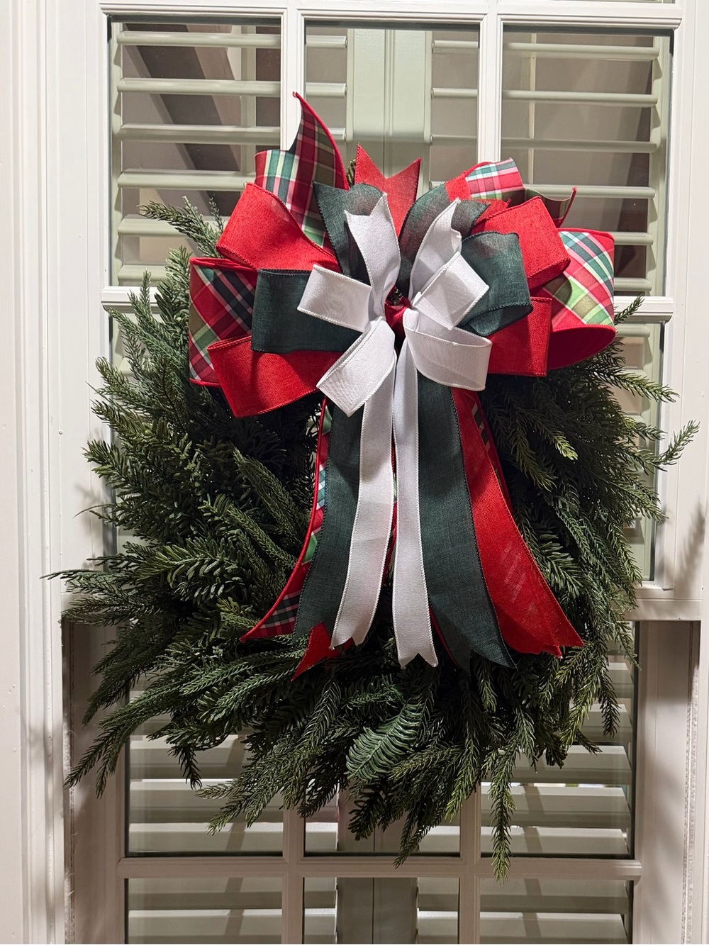 Festive Greenery Holiday Wreath with Red, Green & White Ribbon Bow